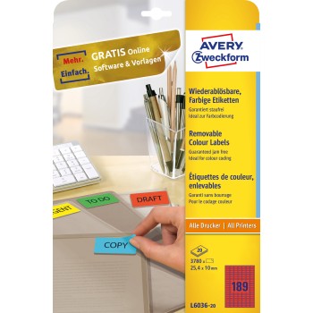 Etykieta czerwona 25,4x10mm (20arkuszy  3780 etykiet) L6036-20 AVERY ZWECKFORM