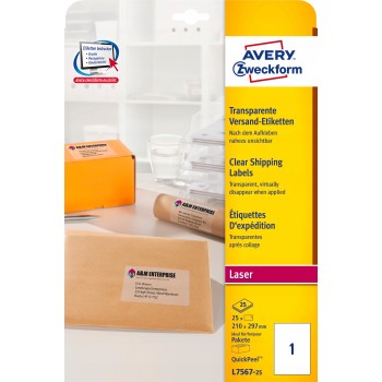 Etykiety A4 210x297mm (25 arkuszy) przezroczyste L7567-25 AVERY ZWECKFORM