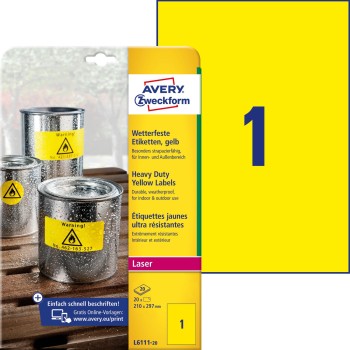 Etykieta ZF 210x297mm L6111-20 żółte poliester (20) AVERY ZWECKFORM