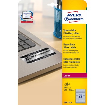 Etykiety Heavy Duty 63.5x29.6mm srebrne poliestrowe L6011-20szt AVERY ZWECKFORM