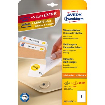 Etykiety A4 białe (25 arkuszy) 210x297mm L4735REV-25 AVERY ZWECKFORM