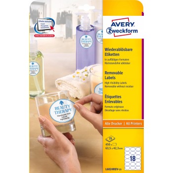 Etykiety ZF 63,5x42,3mm owalne usuwalne L6024REV-25 (25 arkuszy) AVERY ZWECKFORM