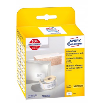 Etykiety adresowe w rolce 500 etyk. 25 x 54 mm, trwałe, białe AS0722520 Avery Zweckform