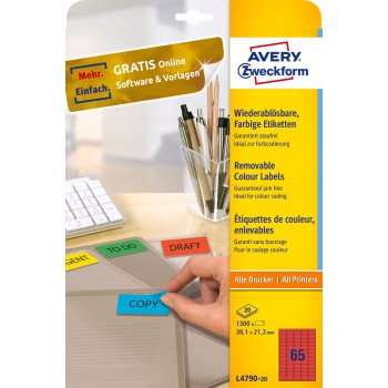 Etykieta usuwalna A4 20ark 38,1x21,2 czerwona ZF L4790-20 AVERY ZWECKFORM