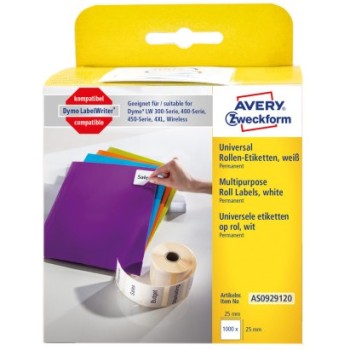 Etykiety uniwersalne w rolce do drukarek termicznych 1000 etyk. / rolka, 25 x 25 mm, trwałe, białe