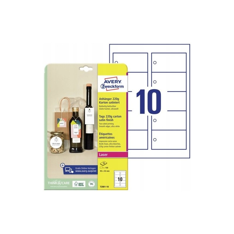 Zawieszki kartonowe (10 arkuszy) 90x50mm prostokątne Quick&Clean T2001-10 AVERY ZWECKFORM