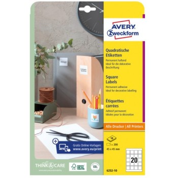 Etykiety kwadratowe 45x45mm (10 arkuszy200 etykiet) 6252-10 AVERY ZWECKFORM