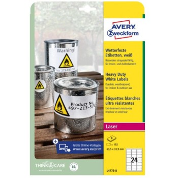 Etykiety foliowe białe HEAVY DUTY 63,533,9mm (8 arkuszy 192 etykiety) L4773-8 AVERY ZWECKFORM