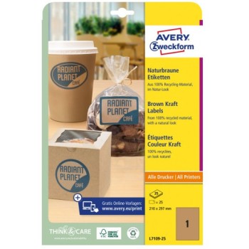 Etykiety ekologiczne brązowe 210x297mm (25 arkuszy25 etykiet) L7109-25 AVERY ZWECKFORM