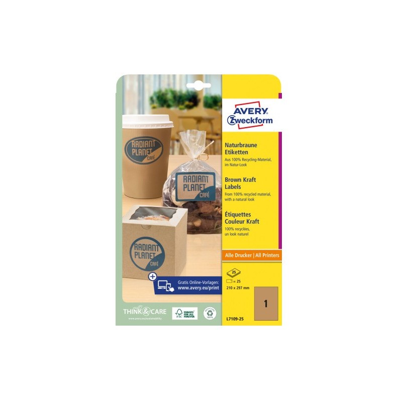 Etykiety ekologiczne brązowe 210x297mm (25 arkuszy25 etykiet) L7109-25 AVERY ZWECKFORM