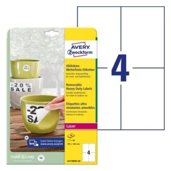 Etykiety foliowe białe 105x148mm (20 arkuszy80etykiet) L4719REV-20 AVERY ZWECKFORM