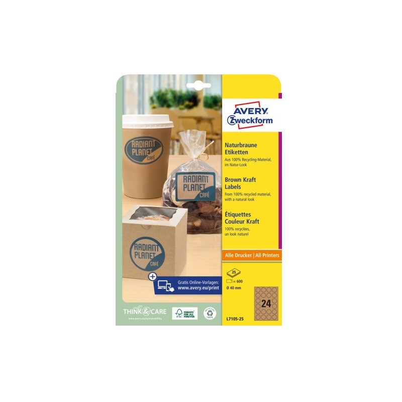 Etykiety ekologiczne brązowe kółka 40mm (25arkuszy 600 etykiet) L7105-25 AVERY ZWECKFORM