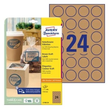Etykiety ekologiczne brązowe kółka 40mm (25arkuszy 600 etykiet) L7105-25 AVERY ZWECKFORM