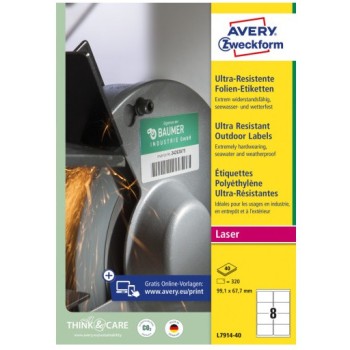 Etykiety foliowe Ultra Resistant 99,1x67,7mm (40arkuszy320etykiet) L7914-40 AVERY ZWECKFORM