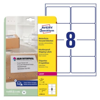 Etykiety wysyłkowe białe 99,1x67,7mm (25arkuszy  200 etykiet) L7993-25 AVERY ZWECKFORM