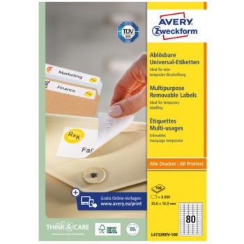 Etykiety białe usuwalne 35,6x16,9mm (100 arkuszy  8000 etykiet) L4732REV-100 AVERY ZWECKFORM