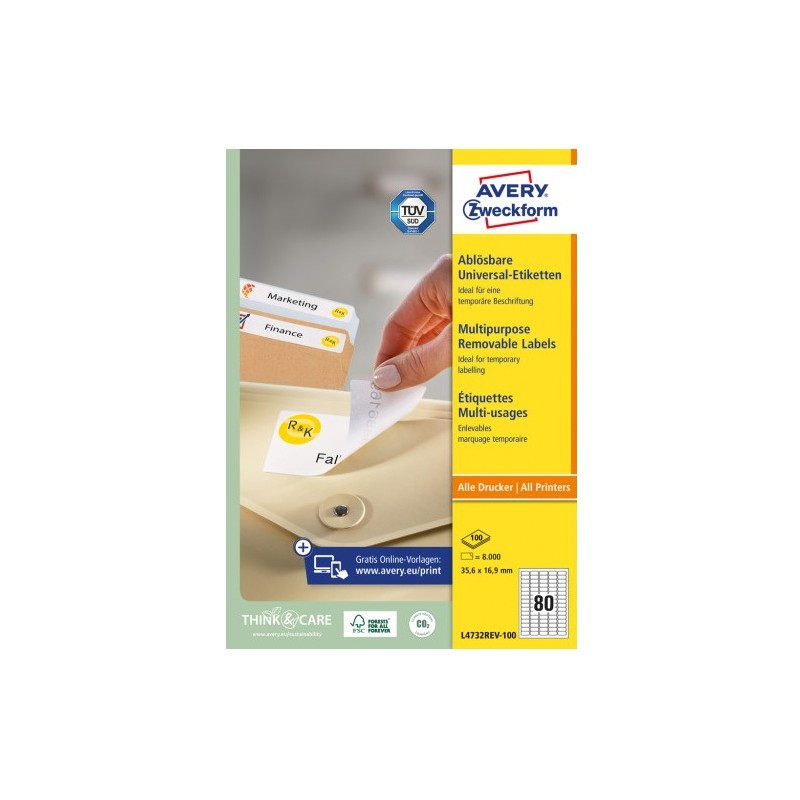 Etykiety białe usuwalne 35,6x16,9mm (100 arkuszy  8000 etykiet) L4732REV-100 AVERY ZWECKFORM
