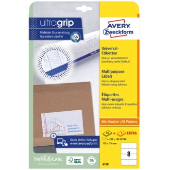 Etykiety białe ULTRA GRIP 105x74mm (25arkuszy  200 atykiet) 6138 AVERY ZWECKFORM