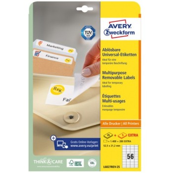 Etykiety białe 52,5x21,2mm (25 arkuszy  1400 etykiet) usuwalne L6027REV-25 AVERY ZWECKFORM