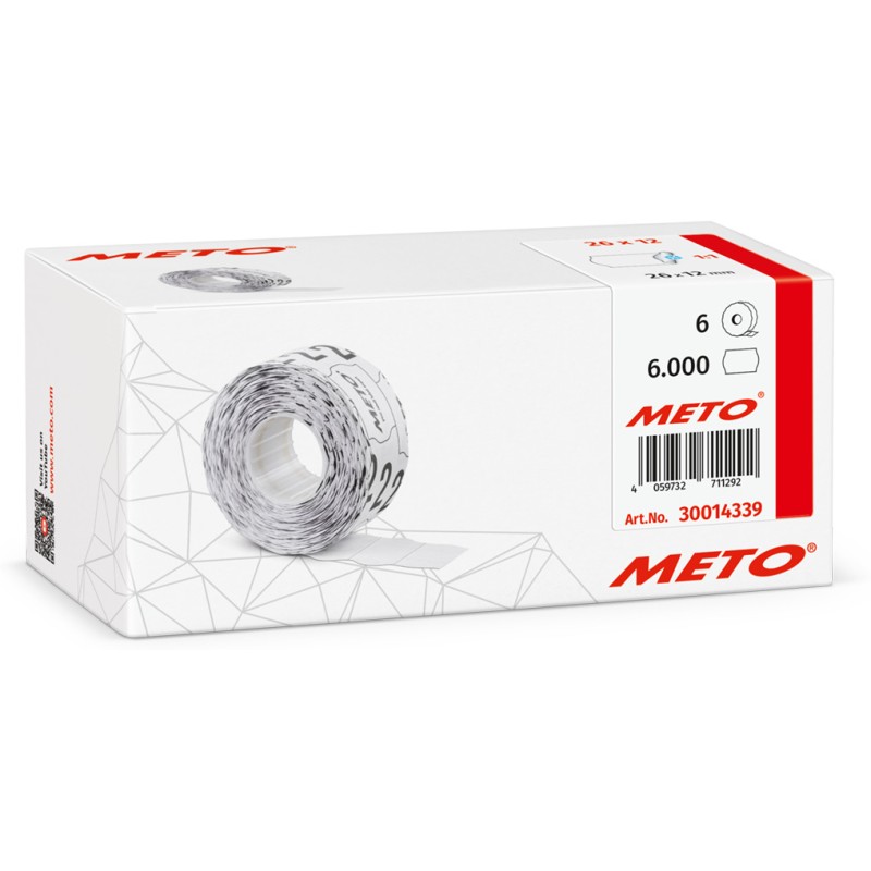Etykiety cenowe w rolce do metkownicy jednorzędowej, 26x12 mm, (6 sztuk) białe faliste, trwały klej, odporne na mróz METO M3