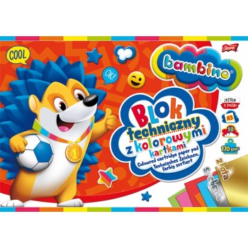 Blok techniczny szkolny A3 kolorowy + złota i srebrna kartka 10 kartek 170g BAMBINO