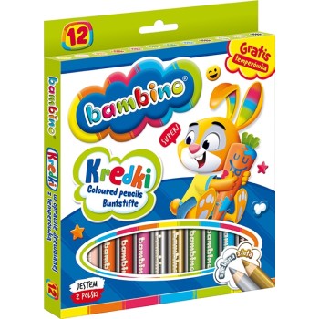Kredki dla dzieci z glinki kaolinowej Zestaw 12 kredek + temperówka BAMBINO St.Majewski