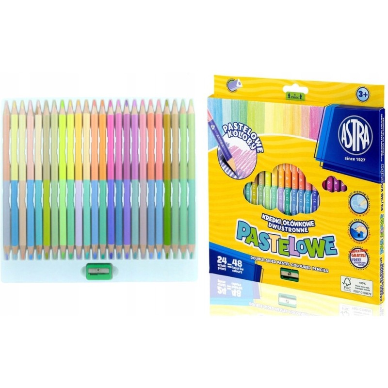 Kredki ołówkowe pastelowe dwustronne 24 kredek 48 kolory kolorów z temperówką 312120005 ASTRA