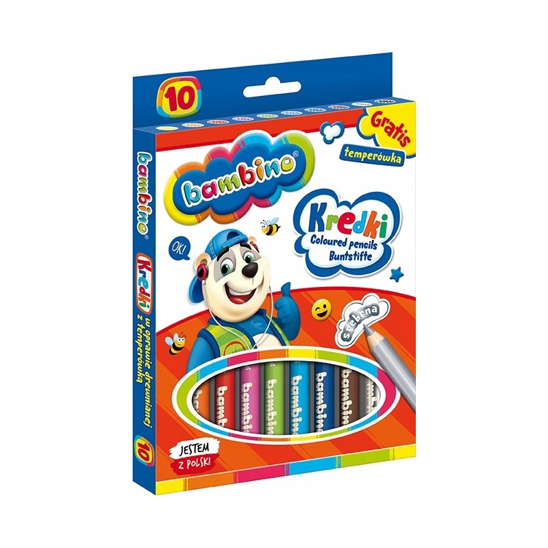 Kredki dla dzieci z glinki kaolinowej Zestaw 10 kredek + temperówka BAMBINO St.Majewski