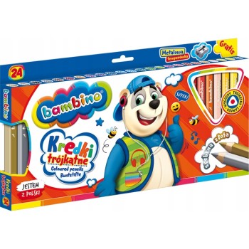 Kredki trójkątne z glinki kaolinowej Zestaw 24 kredek + temperówka BAMBINO St.Majewski