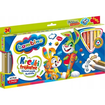 Kredki trójkątne z glinki kaolinowej Zestaw 24 kredek + temperówka BAMBINO St.Majewski
