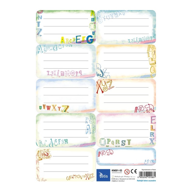 Naklejki na książki i zeszyty 9szt na arkuszu (25ark) KN001-03 TETIS