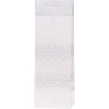 Torebka prezentowa 12x36x10cm na butelkę Lux Biała z brokatem BB ROZETTE