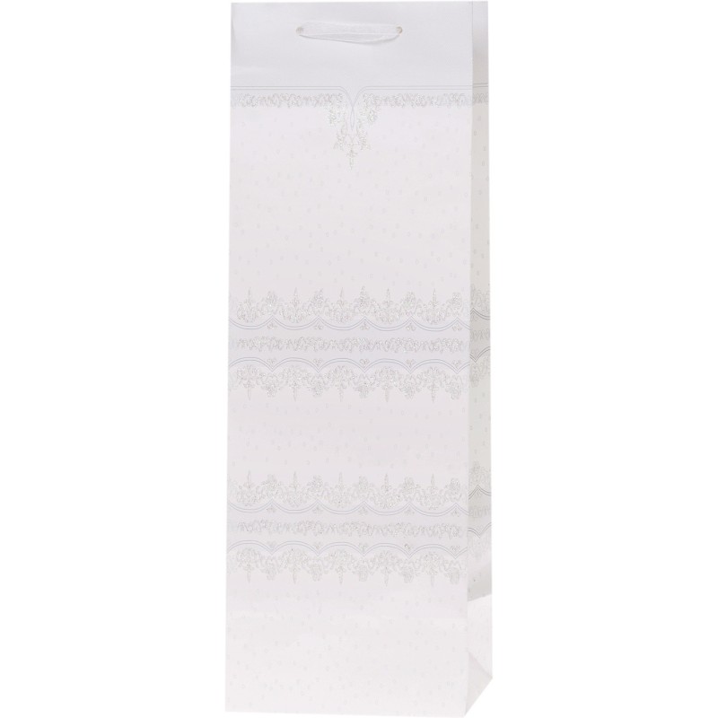 Torebka prezentowa 12x36x10cm na butelkę Lux Biała z brokatem BB ROZETTE