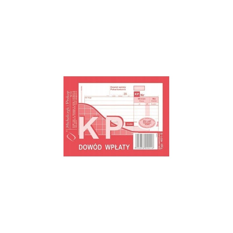 401-5 KP Dowód Wpłaty A6 80 kartek MICHALCZYK I PROKOP (kasa przyjmie)
