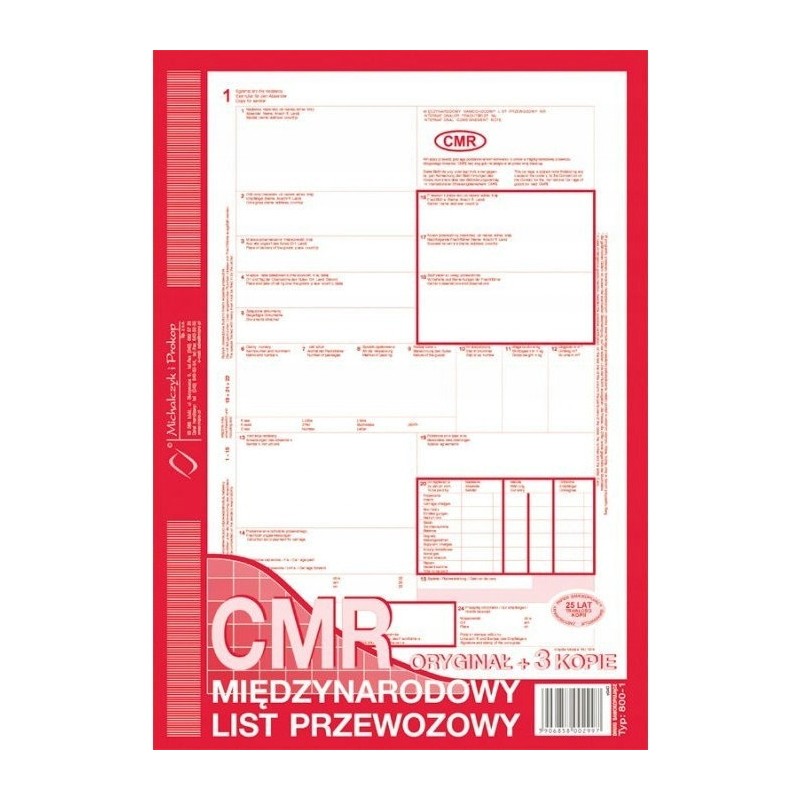 800-1N CMR A4 80kartek 1+3 numerowany międzynarodowy list przewozowy M&P