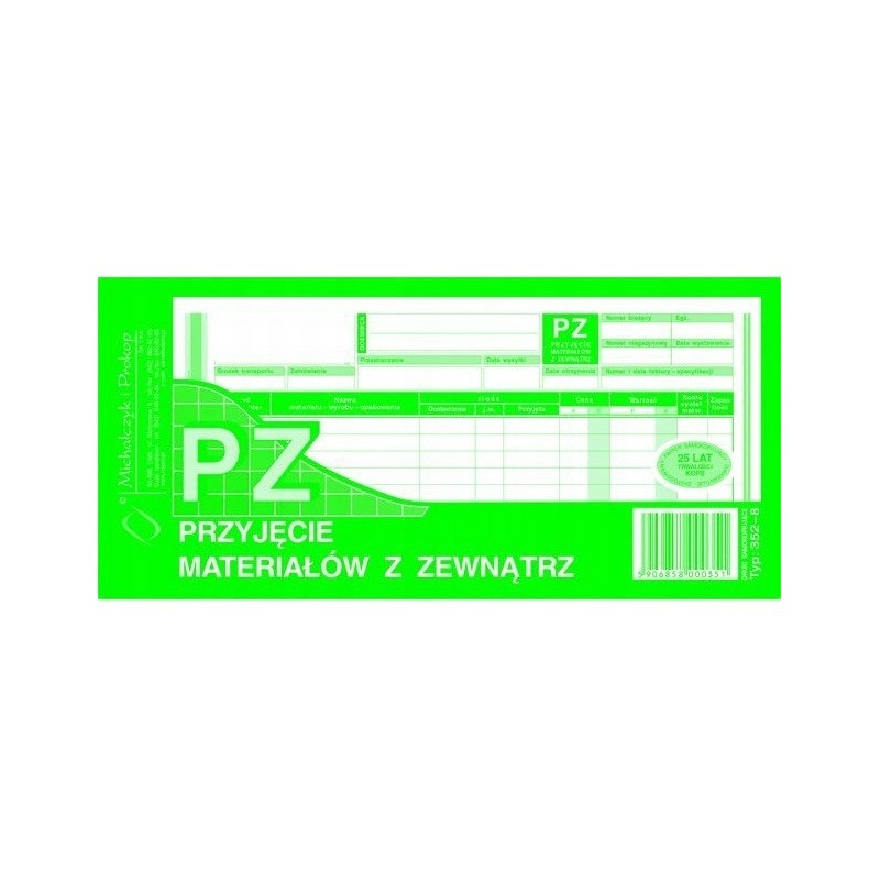 352-8 PZ przyjęcie materiałów z zewnątrz 1/3A4 80 kartek MICHALCZYK