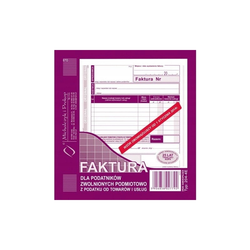 204-4E Faktura dla zw.podm.z pod.2/3 A5 Michalczyk i Prokop