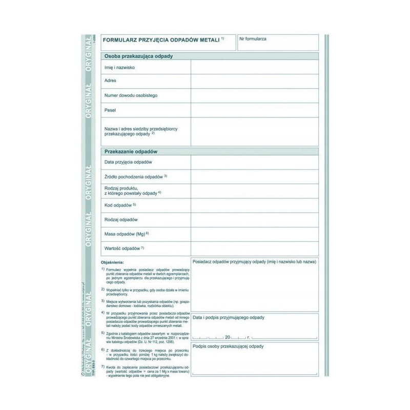 E-03-3 Formularz przyjęcia odpadów metali MICHALCZYK&PROKOP A5 80 kartek