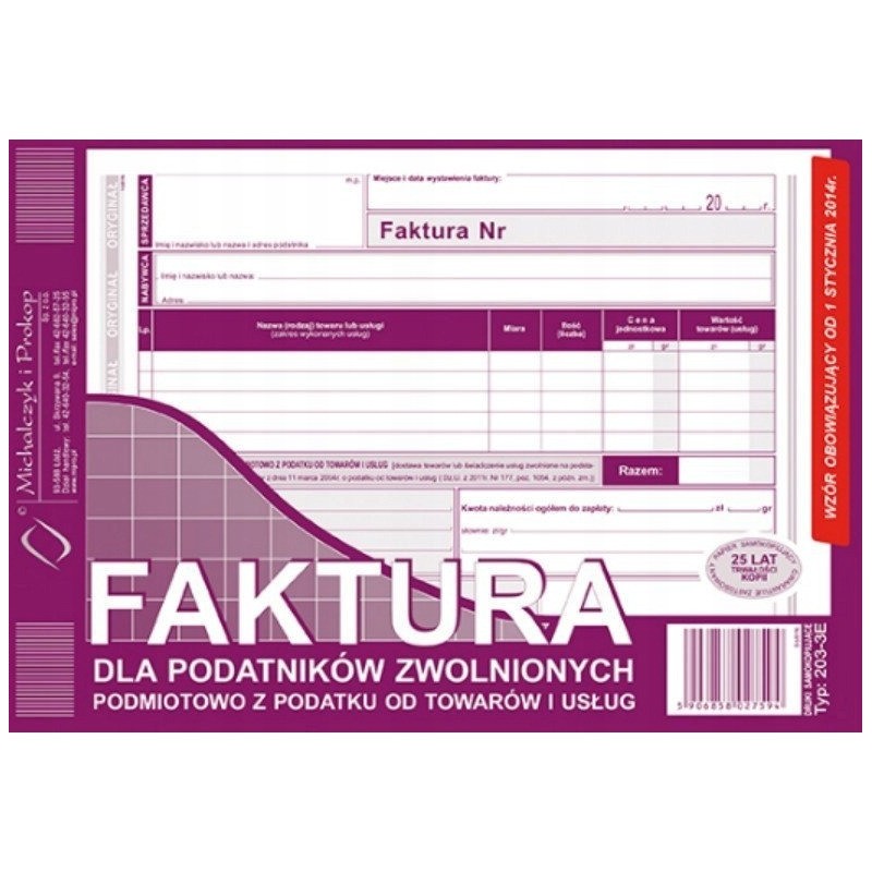 203-3E Faktura dla podatników zwolnionych z VAT A5 (o+1k) MICHALCZYK