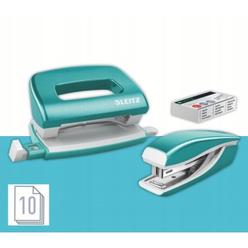 Zszywacz + dziurkacz LEITZ WOW mini 10 kartek turkusowy metalik 55612051