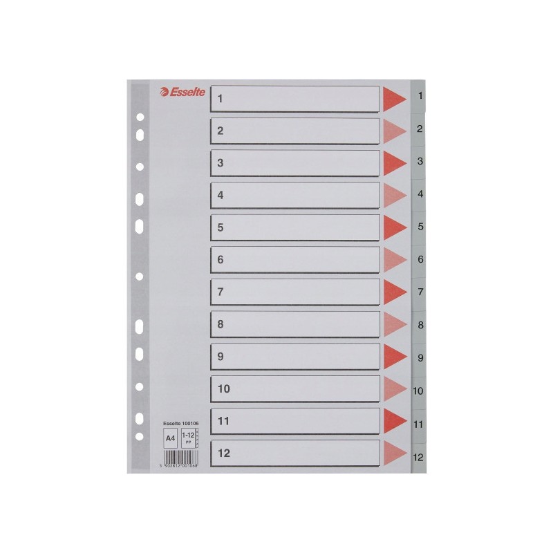 Przekładki plastikowe szare PP A4 1-12 numeryczne 100106 ESSELTE