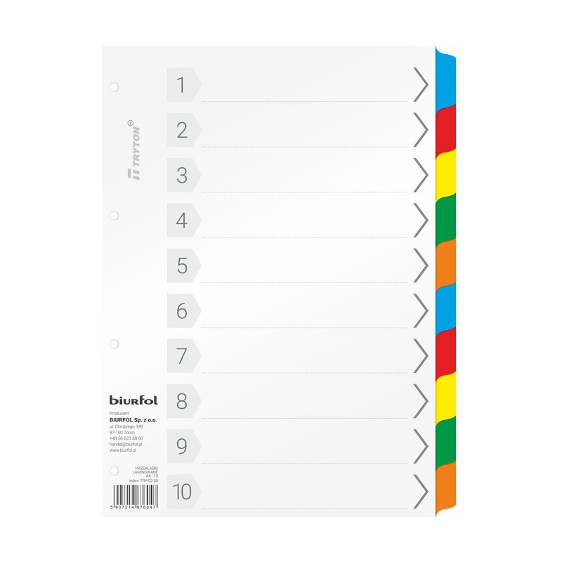 Przekładki do segregatora A4 10 kart laminowane TRY-02-05 BIURFOL