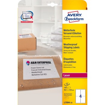 Etykiety A4 białe (25 arkuszy) 99,1x139mm L7994-25 odporne na warunki pogodowe AVERY ZWECKFORM