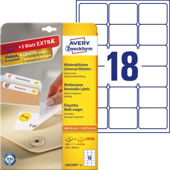 Etykiety białe 63,5x46,6mm (25 arkuszy  540 etykiet) usuwalne L6025REV-25 AVERY ZWECKFORM