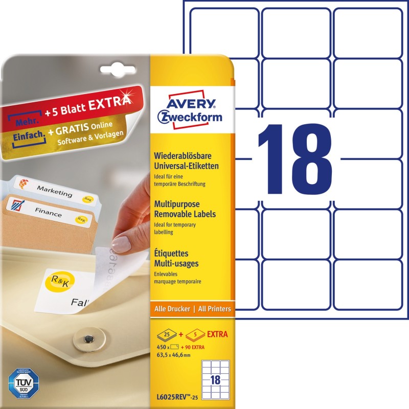 Etykiety białe 63,5x46,6mm (25 arkuszy  540 etykiet) usuwalne L6025REV-25 AVERY ZWECKFORM