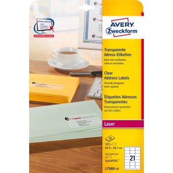Etykiety A4 przezroczyste (25 arkuszy) 63.5x38mm L7560-25 AVERY ZWECKFORM