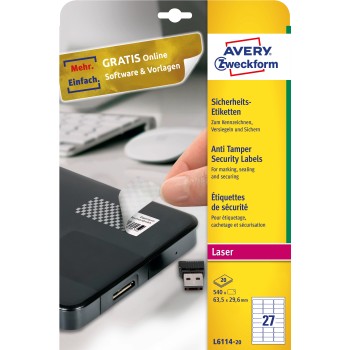 Etykiety plomby (20 arkuszy) 63,5*29,6mm L6114-20 AVERY ZWECKFORM