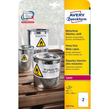 Etykieta A4 foliowa(20 arkuszy)210x148mm trwała 75g L4717-20 AVERY ZWECKFORM