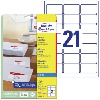 Etykiety adresowe białe 63,5x38,1mm (10 arkuszy  210 etykiet) J8160-10 AVERY ZWECKFORM