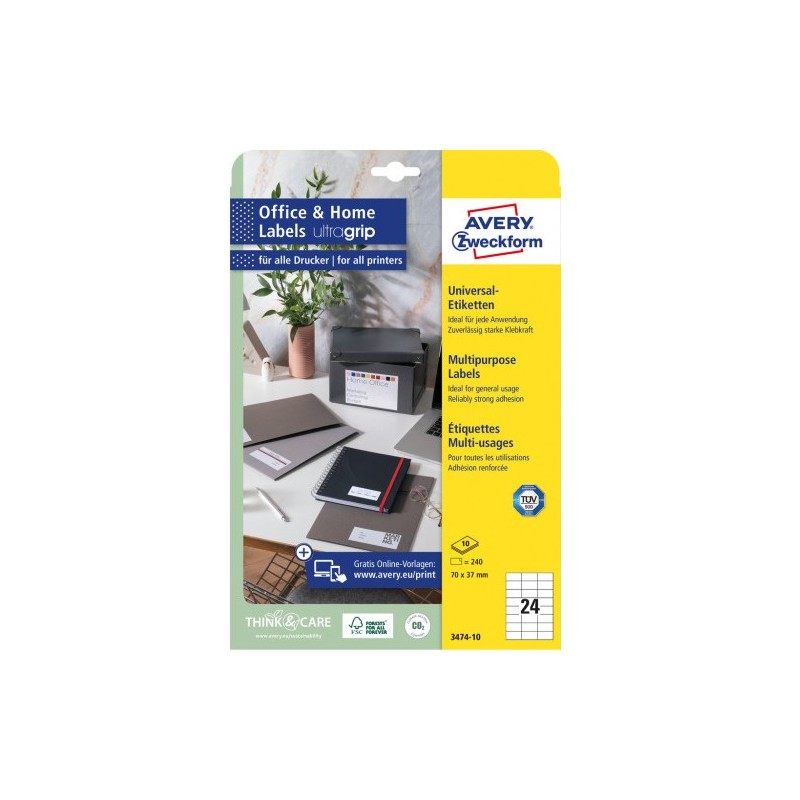 Etykiety białe ULTRAGRIP 70x37mm (10 arkuszy  240 etykiet) 3474-10 AVERY ZWECKFORM